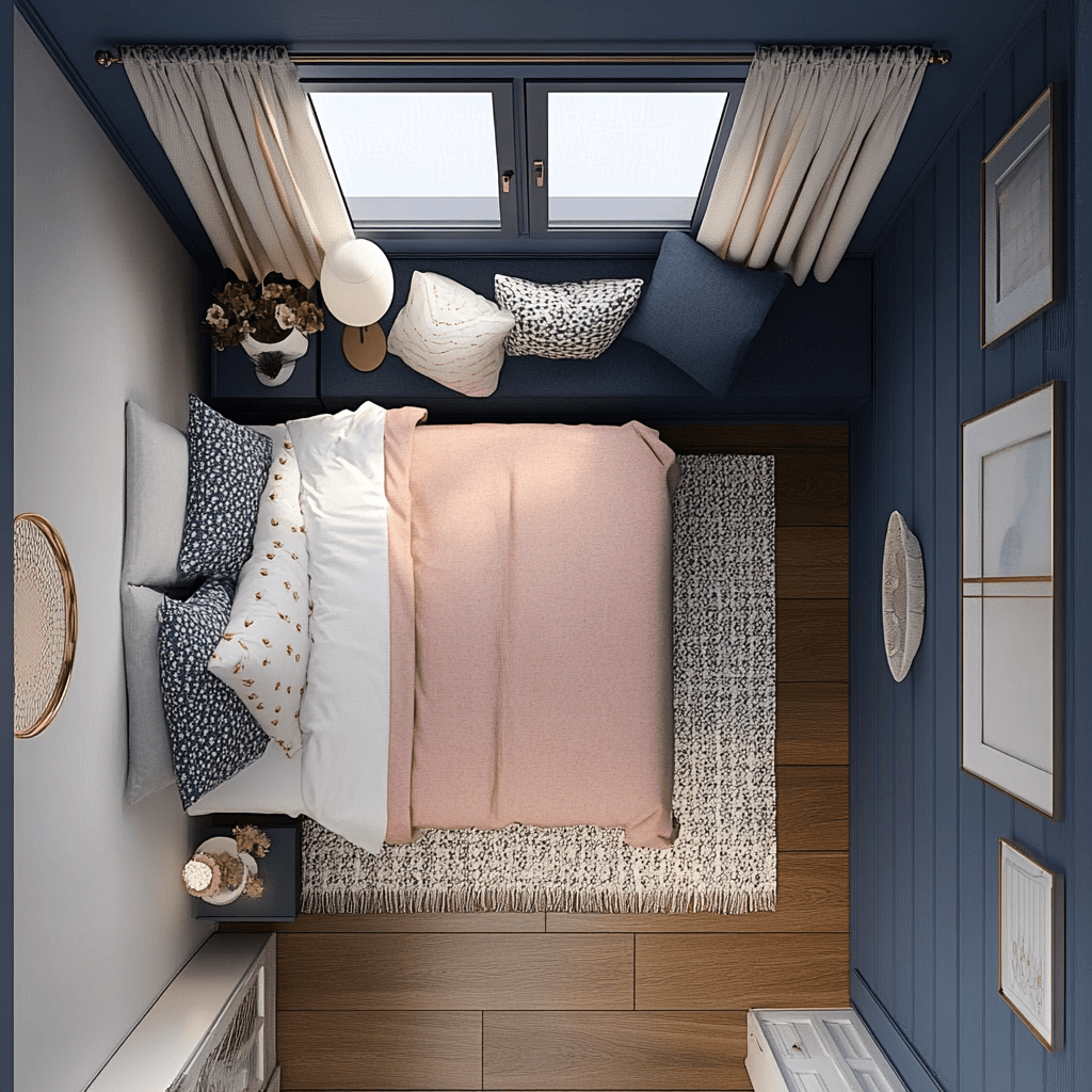 Small bedroom ideas - Midjourney AI image showcasing the top view of a small bedroom layout featuring window seats