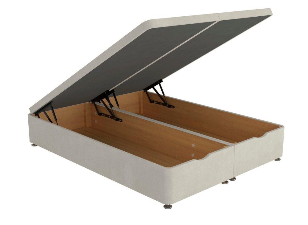 Dream Team Ottoman Divan Bed Base in Mushroom, lifted to showcase ottoman storage